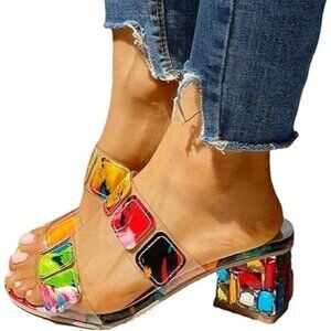 Fashion Nova vibrant multicolor square embellished chunky heeled mules 40 US 10